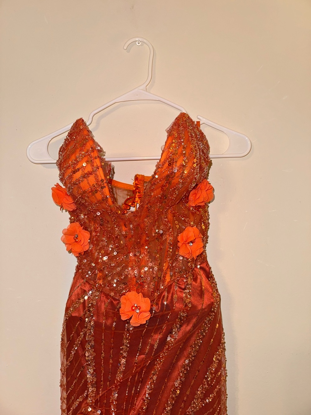 Rust Ruffle-Seam Sequined Prom Gown - Picture 2 of 11